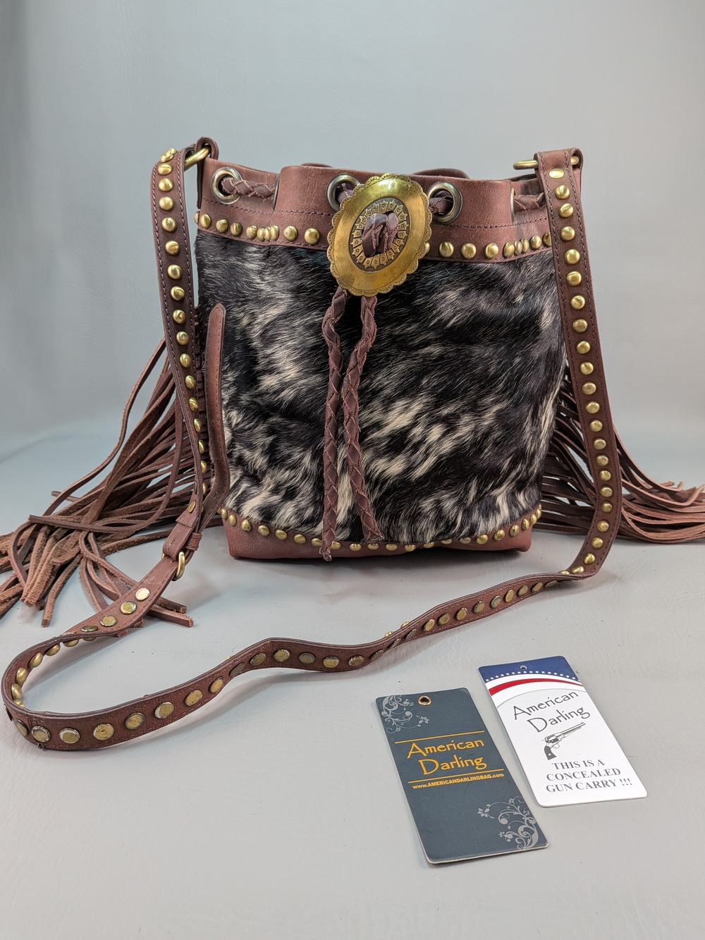 American Darling Studded Leather Crossbody Bucket Bag Hair-On CowHide Fringes